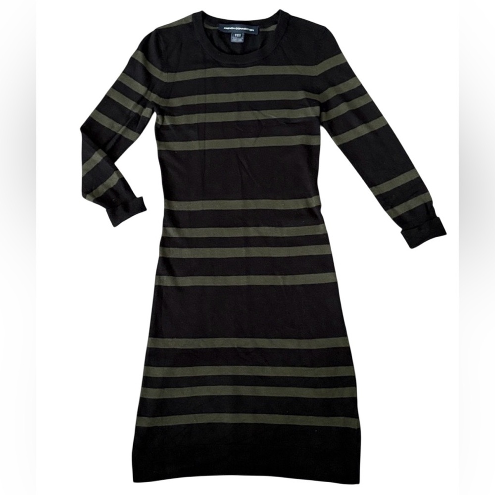 French Connection Striped Bodycon Sweater Dress Black Olive Size 2